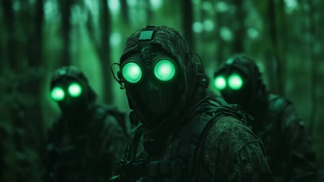Three soldiers in camouflage gear with glowing green goggles stand in a dark forest. The atmosphere is tense and mysterious, suggesting a covert operation.