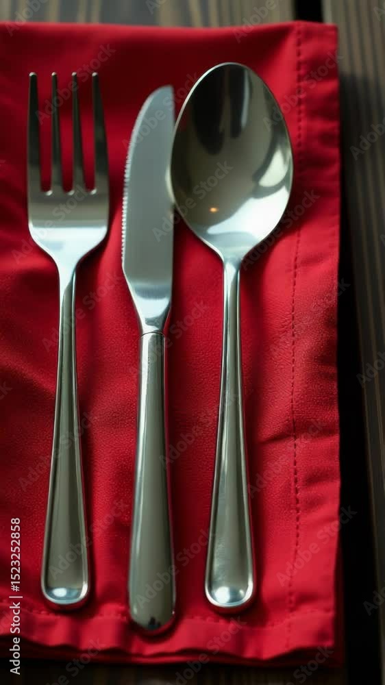 Poster A pair of silver spoons and a fork placed on a bright red napkin, perfect for adding a pop of color to your table setting or serving utensils