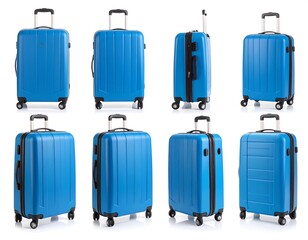 Blue suitcases on white background