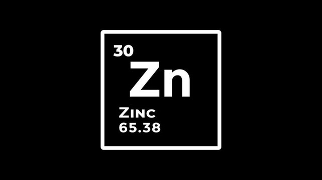 Zinc, chemical element of the periodic table graphic animation. Alpha channel. Transparent background motion design. 4K resolution