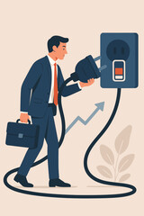 Recharge business energy concept. Businessman connecting power plug to socket. Metaphor for growth, motivation, productivity boost, startup success. Professional man, briefcase, arrow up graph.