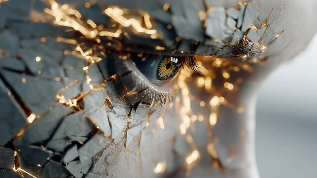 Intricate AI-Generated Portrait of Human Eye with Cracked Skin and Golden Highlights