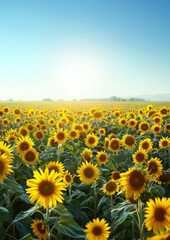 Fototapeta premium A radiant and calming sky with a gentle transition from light blue to white, a vibrant sunflower field, and golden yellow petals with rich green stems and leaves, resulting in an elegant and dreamlike