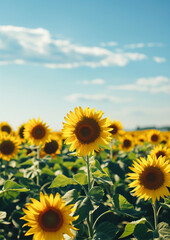 Fototapeta premium A sunny clear sky, soft gradient from light blue to white, vibrant field of sunflowers, and golden yellow petals with rich green stems and leaves, elegant and dreamy atmosphere