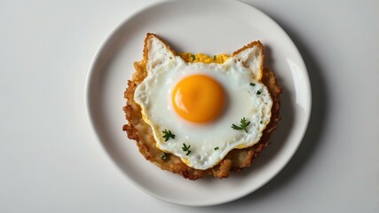 kitten shaped fried egg on white plate, centered and detailed