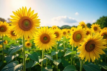 Fototapeta premium Vibrant sunflowers bask in the warm glow of sunshine, their golden petals reaching for the sky in a picturesque summer field A stunning display of nature's beauty , plant, flora