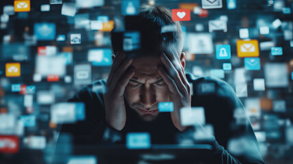 Man overwhelmed by digital notifications. Frustrated person holding head in hands surrounded by floating app icons, representing social media overload and digital stress