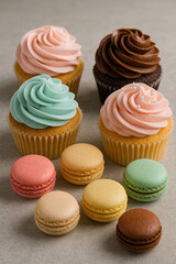 Macaroon And Cupcakes On Table