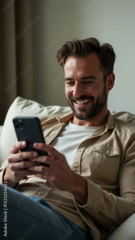 Poster Man relaxing on a couch while using his cell phone, possibly checking messages or browsing the internet