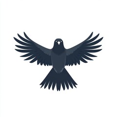Fototapeta premium Dark bird in flight. A stylized, dark-gray bird with outstretched wings, soaring against a white background. The bird's details are simple, emphasizing its form and movement