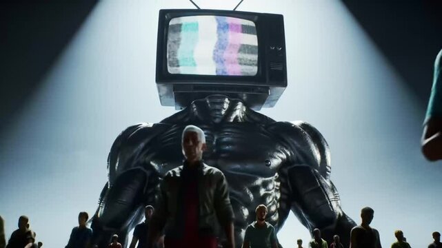 Statue of giant evil media with television head. Media manipulation, mass media influence 