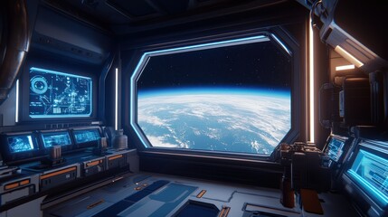Futuristic spaceship cockpit interior with large window showcasing a stunning view of Earth from space