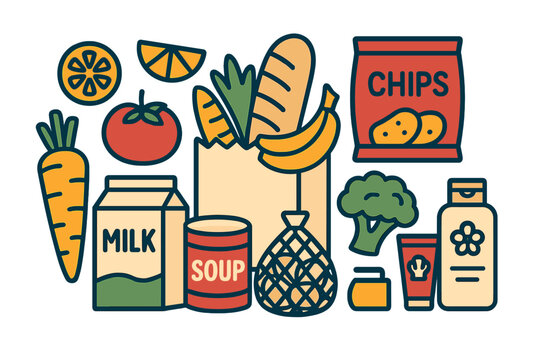 A cute illustration featuring various supermarket products such as fruits, vegetables, canned pantry items, snacks, and beauty supplies in vector format