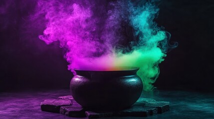 A dark cauldron surrounded by vibrant colored smoke