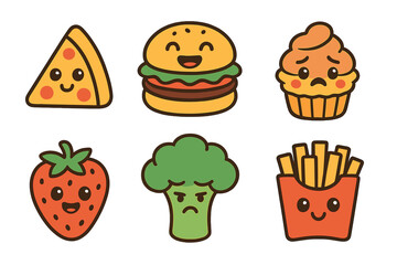 Adorable characters with different emotions are depicted in comic style, accompanied by cute food, colorful cartoon characters, and funny vector illustrations, all on a white background in a sticker