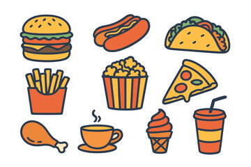Illustrations of fast food are showcased, encompassing hamburgers, hotdogs, tacos, sides like french fries and a popcorn bucket, as well as a pizza piece, chicken drumstick, and beverages such as hot