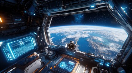 Futuristic spaceship interior overlooking a vibrant Earth from a large viewport; detailed control panels and glowing interfaces are visible