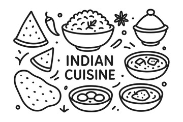 A simple vector illustration in black and white, featuring Indian cuisine and food in a doodle outline style