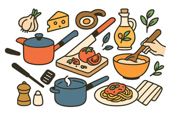 The concept of household kitchen food preparation is represented through a set of objects, including kitchenware, dishes, and ingredients, in a flat cartoon vector illustration