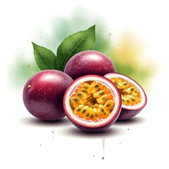 Watercolor drawing of passion fruit and a slice of passion fruit.