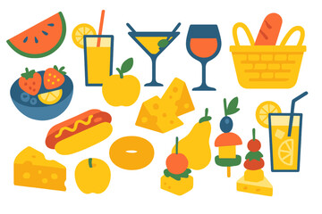Summer picnic snacks, including fruit and cheese appetizers, and beverages such as cocktails, lemonades, and alcohol in wineglasses, are showcased in a food and drinks set, complemented by bakery