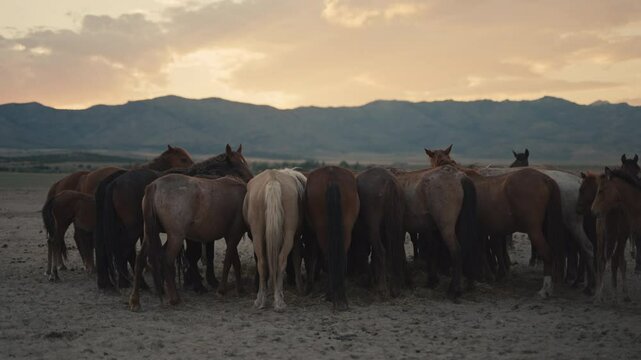Wild horses running and grazing during sunset in the high desert mountains