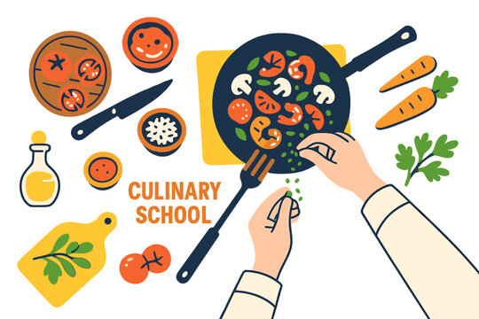 A flat vector illustration depicts an overhead view of chefs' hands cooking a meal, with a culinary school class or training course banner visible in the background of the ad