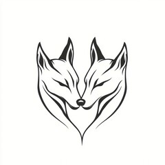 Obraz premium Two stylized fox heads, facing each other, forming a heart shape. Simple line art, black on white background