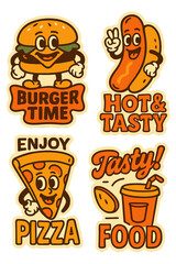 Retro-style fast food advertisements from the 70s, including cards, stickers, and patches with images of burgers, hot dogs, and pizzas, accompanied by catchy slogans, quotes, and fun characters