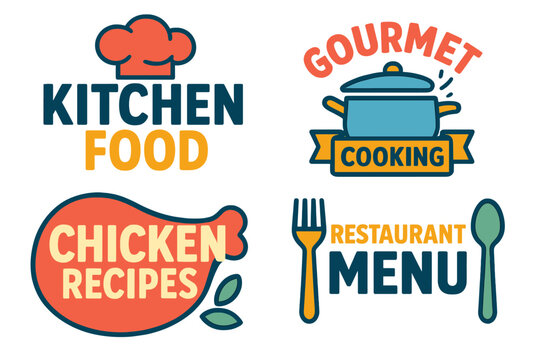 Gourmet cooking foods badge and kitchen food lettering set including chicken recipes, cook, and restaurant menu letterings vector illustration