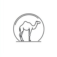 Simple line drawing of a camel within a circular frame