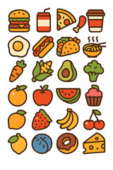 The collection includes a vector illustration of food, beverages, and fruit, along with symbols, emojis, emoticons, stickers, and icons representing vegetables and cakes in a flat design