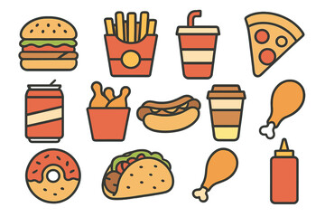 Vector elements of flat food and drink icons feature fast food and junk food for take-out lunches
