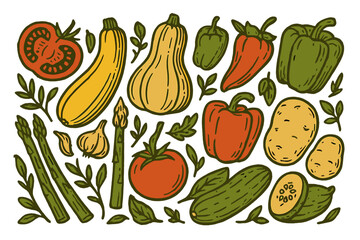 The illustration boasts a vibrant, hand-drawn assortment of vegetables such as tomatoes, squashes, peppers, potatoes, and asparagus, ideal for use as a banner in menus, restaurants, or packaging