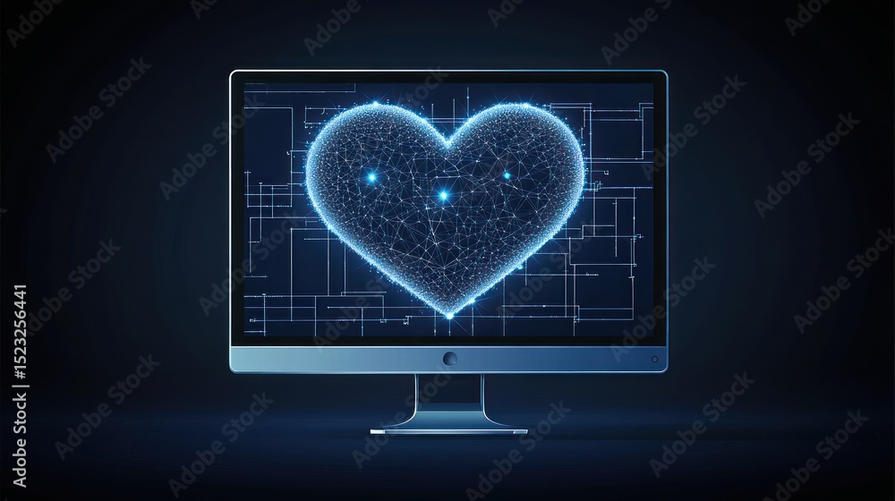 Wall mural an illuminated digital heart symbol appears on a computer screen