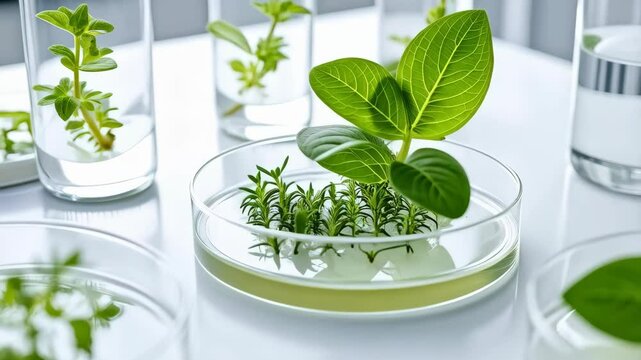 Germinating plant specimens in petri dishes and glass tubes, examining foliage and roots for botany or biology research in a lab