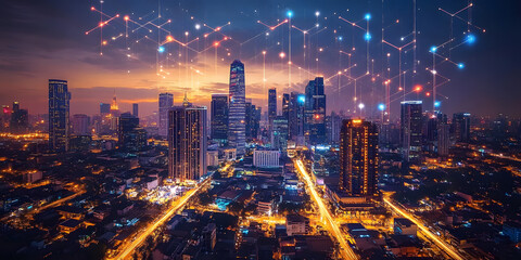 Fototapeta premium Smart City Nightscape with Fiber Optics and 5G Technology in Urban Digital Transformation