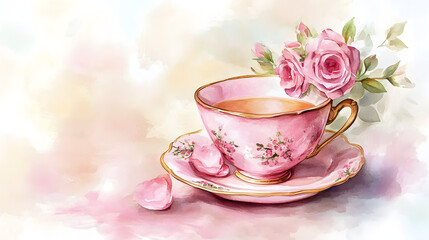 Fototapeta premium pink vintage teacup watercolor antique cup, Watercolor Teacup Illustration With Delicate Floral Design. Afternoon Tea Concept