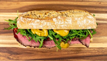 Top View of Gourmet Roast Beef Sandwich with Arugula, Mustard, and Crusty Bread on Wooden Board – Deli Style Lunch Concept