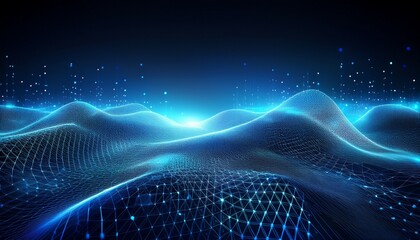 futuristic digital landscape of blue mesh with scattered light points