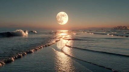 Mystical moonlit ocean scene with gentle waves and a serene sunset sky at dusk - Powered by Adobe