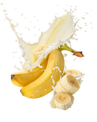 banana and milk or yogurt splash, isolated PNG transparent background