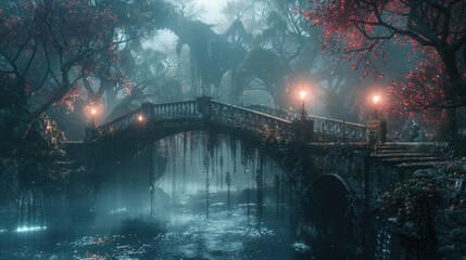 Misty, ancient bridge through a mystical forest