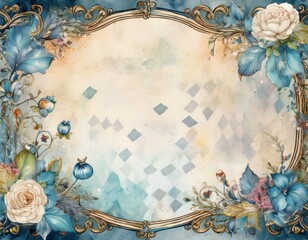 alice in wonderland themed watercolor floral frame on grunge diamond victorian background watercolor floral