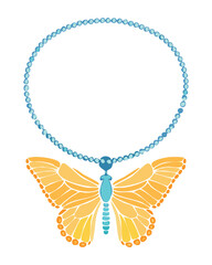 Blue Beaded Necklace Orange Butterfly Pendant
