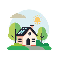 Stylized illustration of a solar-paneled house surrounded by green trees and a bright sun, representing eco-friendly living and sustainable home design concepts