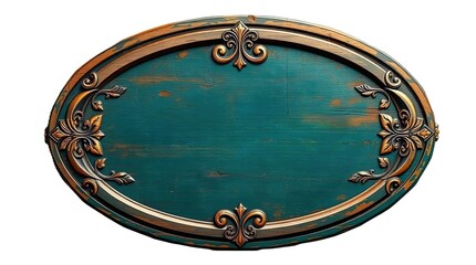 Medieval Oval Wooden Sign in Green and Gold, with Floral Carvings and Rustic Finish

