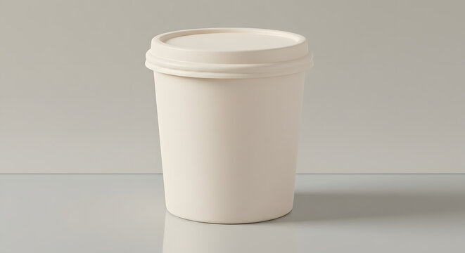 Minimalist White Disposable Ice Cream Pint with Lid on Reflective Surface, Isolated Against Neutral Background