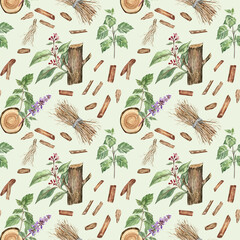 Natural seamless pattern with sandalwood, patchouli and vetiver; watercolor illustration. Warm and cozy pattern design for fabric, home textile, wallpaper, scrapbooking, wrapping paper, and more