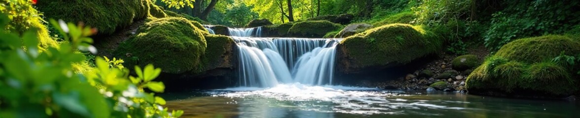 Springtime waterfall cascading over mossy rocks, sunlight dappling the lush green foliage Fresh, vibrant, and full of life, perfect for nature and travel themes , branches, spring, springtime